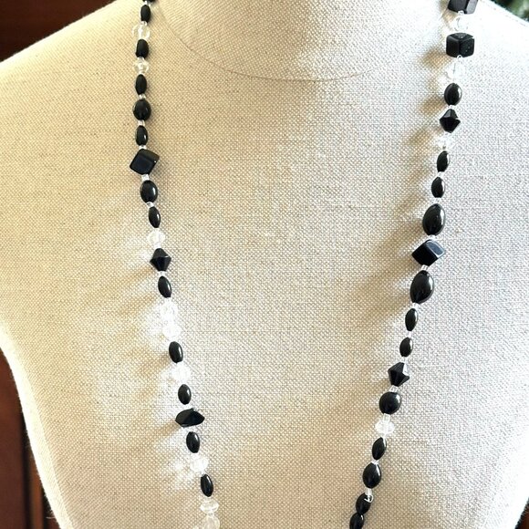 Long 32" Handmade Black & Clear Glass Bead Necklace with Geometric Shapes - Picture 2 of 7